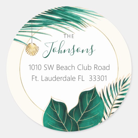 グリーン&金ゴールドウォーターカラーグリーンリートロピカルホリデイ ラウンドシール (正面)