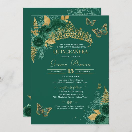 グリーン&金ゴールドエメラルドフローラバタフライキンセアニラ 招待状 (正面/裏面)