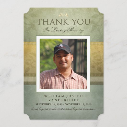 グリーン&金ゴールドエレガンスサンキューメモリアルカード 案内状 (正面)