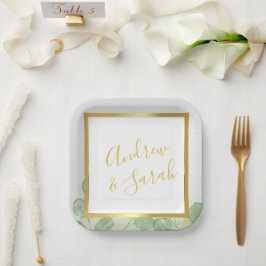 グリーン&金ゴールドエレガントユーカリプタスマリスト ペーパープレート