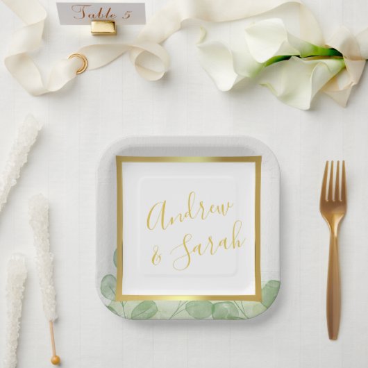 グリーン&金ゴールドエレガントユーカリプタスマリスト ペーパープレート (ウェディング)