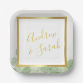 グリーン&金ゴールドエレガントユーカリプタスマリスト ペーパープレート (正面)