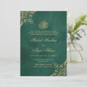 グリーン&金ゴールドオリエンタルモチーフイスラム結婚教徒 招待状 (スタンド正面)