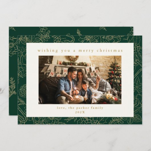 グリーン&金ゴールドカスタムフォトクリスマスホリデーカード シーズンカード (正面/裏面)