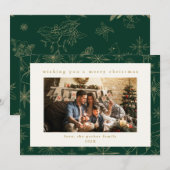 グリーン&金ゴールドカスタムフォトクリスマスホリデーカード シーズンカード (正面/裏面)
