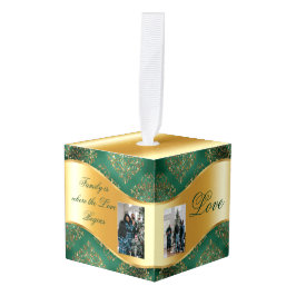 グリーン&金ゴールドカスタム木製キューブフォトオーナメント キューブオーナメント