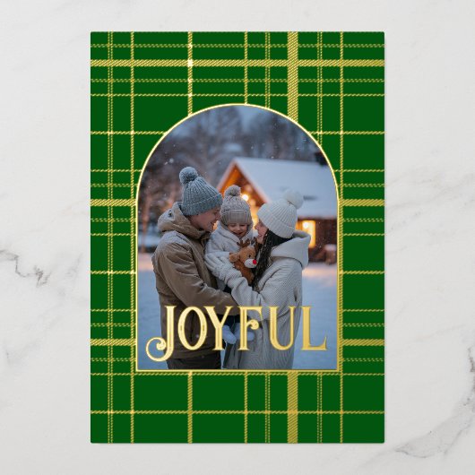 グリーン&金ゴールドギンガムクリスマスホリデーフォト 箔シーズンカード (正面)