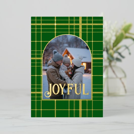 グリーン&金ゴールドギンガムクリスマスホリデーフォト 箔シーズンカード (立ち正面)