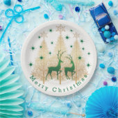 グリーン&金ゴールドクリスマスツリー、トナカイ、雪片 ペーパープレート (パーティー)