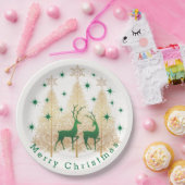 グリーン&金ゴールドクリスマスツリー、トナカイ、雪片 ペーパープレート (パーティー)