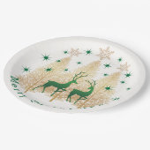 グリーン&金ゴールドクリスマスツリー、トナカイ、雪片 ペーパープレート (アングル)