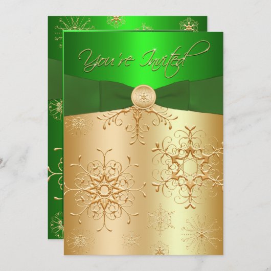 グリーン&金ゴールドクリスマスパーティの招待状 招待状 (正面/裏面)