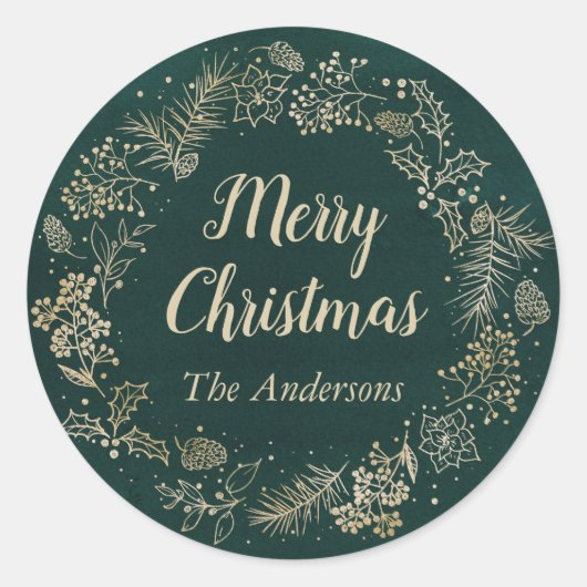 グリーン&金ゴールドクリスマスリースホリデイ ラウンドシール (正面)