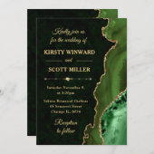 グリーン&金ゴールドグリッターアゲートとマーブル結婚ズ 招待状 (正面/裏面)