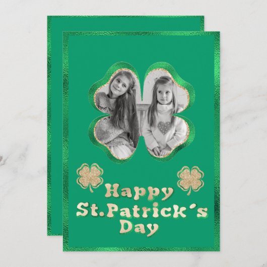 グリーン&金ゴールドグリッターカスタムフォトセントパトリック シーズンカード (正面/裏面)