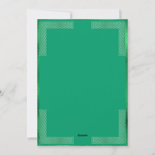 グリーン&金ゴールドグリッタークローバーフォトケルト結び目模様 シーズンカード (裏面)