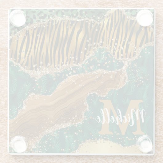 グリーン&金ゴールドサファリアニマルグリッターアゲートモノグラム ガラスコースター (裏面)