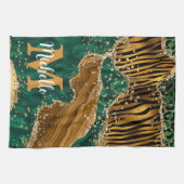グリーン&金ゴールドサファリアニマルグリッターアゲートモノグラム キッチンタオル (横)