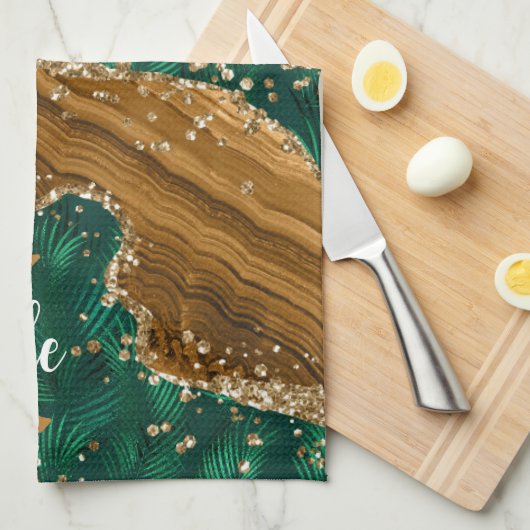 グリーン&金ゴールドサファリアニマルグリッターアゲートモノグラム キッチンタオル (四つ折り)