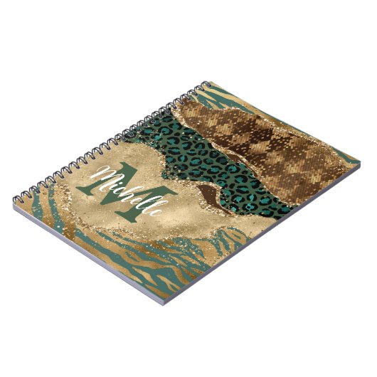 グリーン&金ゴールドサファリアニマルグリッターアゲートモノグラム ノートブック (左側)