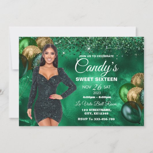 グリーン&金ゴールドスイート16ガール誕生日招待状 招待状 (正面)