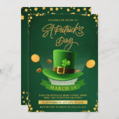グリーン&金ゴールドセントパトリックの日お祝いパーティー 招待状 (正面/裏面)