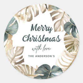 グリーン&金ゴールドトロピカルパームリースクリスマス ラウンドシール