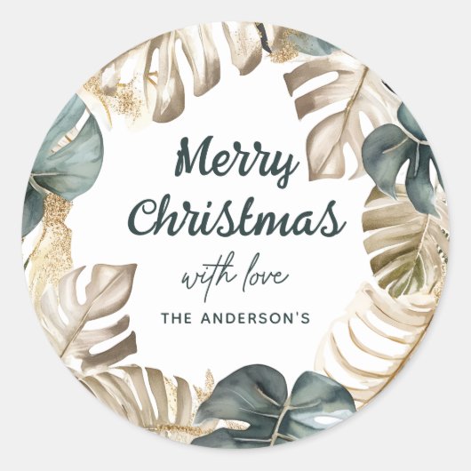 グリーン&金ゴールドトロピカルパームリースクリスマス ラウンドシール (正面)
