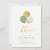 グリーン&金ゴールドバルーン男の子2nd誕生日パーティー 招待状 (正面)