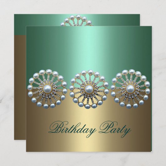 グリーン&金ゴールドパーエレガントル誕生日招待状 招待状 (正面/裏面)