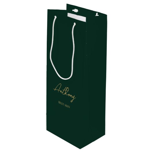 グリーン&金ゴールドパーソナライズされたネーム結婚式 ワインギフトバッグ (正面アングル)