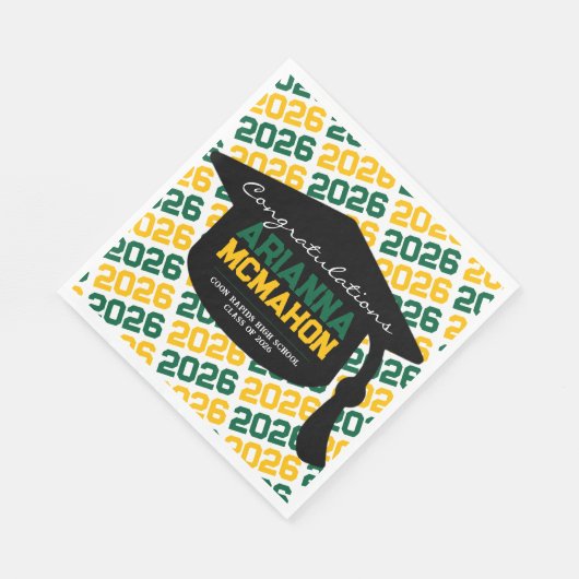 グリーン&金ゴールドパーソナライズされた卒業キャップ紙 スタンダードランチョンナプキン (角)