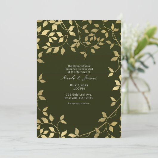 グリーン&金ゴールドフェイクフォイル葉ボタン結婚ズ 招待状 (スタンド正面)