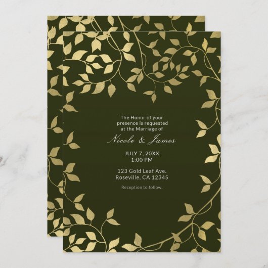 グリーン&金ゴールドフェイクフォイル葉ボタン結婚ズ 招待状 (正面/裏面)