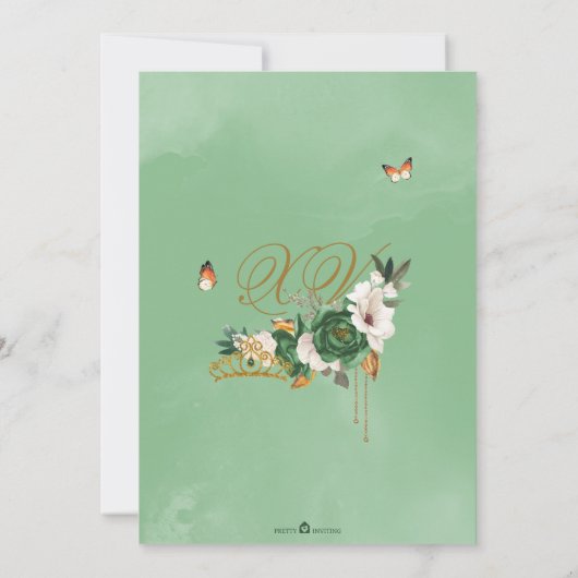 グリーン&金ゴールドフローラティアラバタフライキンセアニラ 招待状 (裏面)