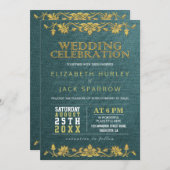 グリーン&金ゴールドフローラ刺繍結婚式招待状 招待状 (正面/裏面)