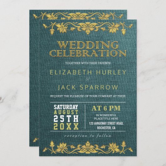 グリーン&金ゴールドフローラ刺繍結婚式招待状 招待状 (正面/裏面)