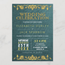 グリーン&金ゴールドフローラ刺繍結婚式招待状 招待状