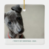 グリーン&金ゴールドペットパピー初めてのクリスマス写真 セラミックオーナメント (裏面)