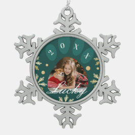 グリーン&金ゴールドペットポープリントフォト&スノーフレーク スノーフレークピューターオーナメント