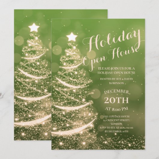 グリーン&金ゴールドホリデーオープンハウスパーティー 招待状 (正面/裏面)
