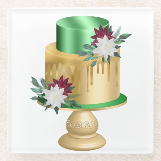 グリーン&金ゴールドホリデークリスマスケーキ ガラスコースター (正面)