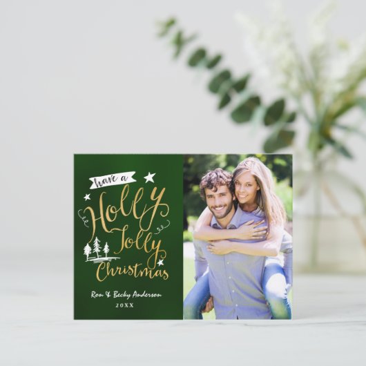 グリーン&金ゴールドホリーすてきクリスマスフォトカード シーズンポストカード (スタンド正面)