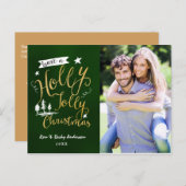 グリーン&金ゴールドホリーすてきクリスマスフォトカード シーズンポストカード (正面/裏面)