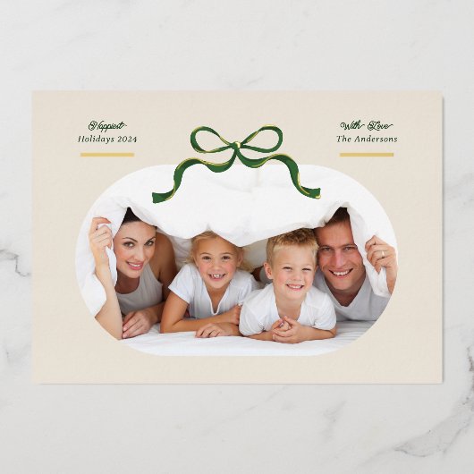 グリーン&金ゴールドボウ | 最も幸せな休日 | 楕円形の写真 箔シーズンカード (正面)