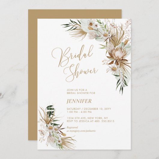 グリーン&金ゴールドボホボタニカルブライダルシャワー 招待状 (正面/裏面)