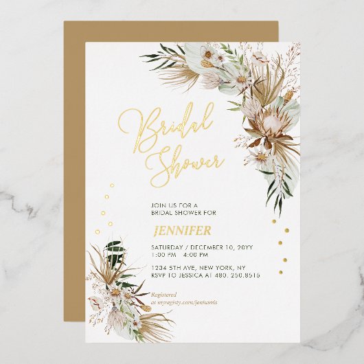 グリーン&金ゴールドボホボタニカルブライダルシャワー 箔招待状 (正面/裏面)