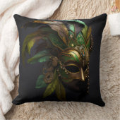 グリーン&金ゴールドマーディグラスマスク&フェザー クッション (ブランケット)