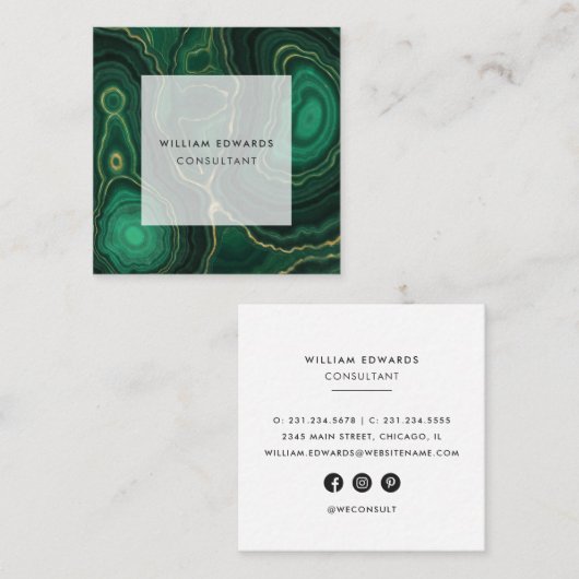 グリーン&金ゴールドマーブルマラカイトストーンスクエア スクエア名刺 (正面/裏面)
