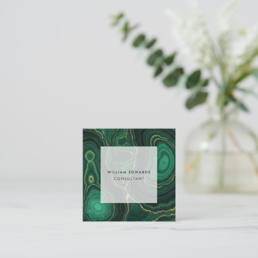 グリーン&金ゴールドマーブルマラカイトストーンスクエア スクエア名刺 (スタンド正面)